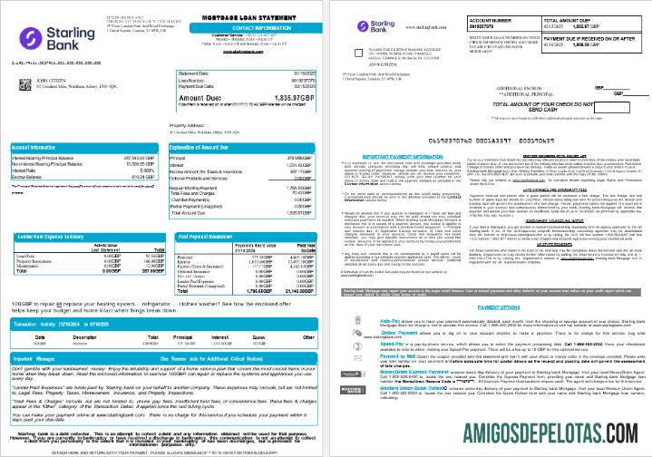 Extrato de empréstimo hipotecário do Starling Bank do Reino Unido em formatos Word e PDF, 8 páginas 1 2 exemplo real